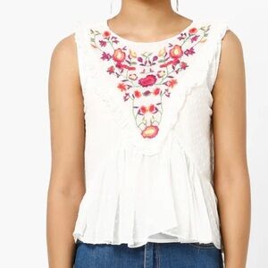 Embroidered 100% Cotton White Sleeveless Top Sz L